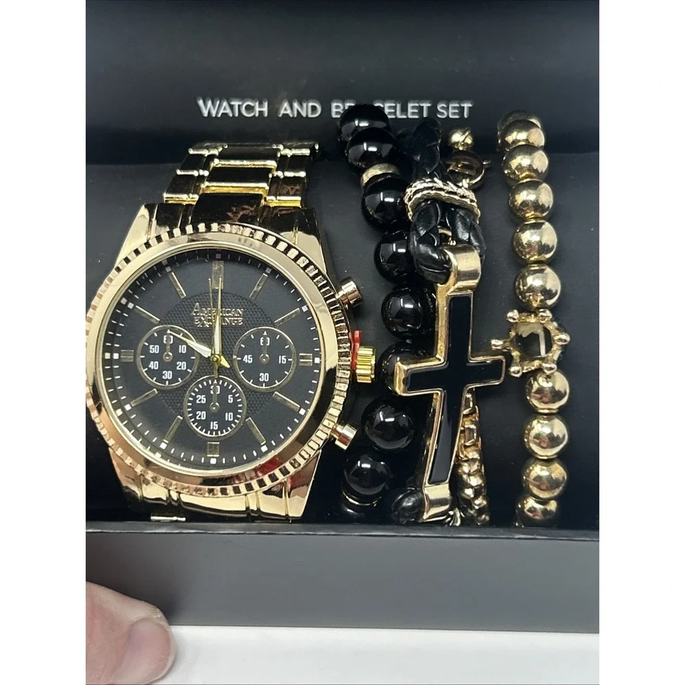 NIB American Exchange Men's Watch & Bracelet Set Gold Tone Black Face